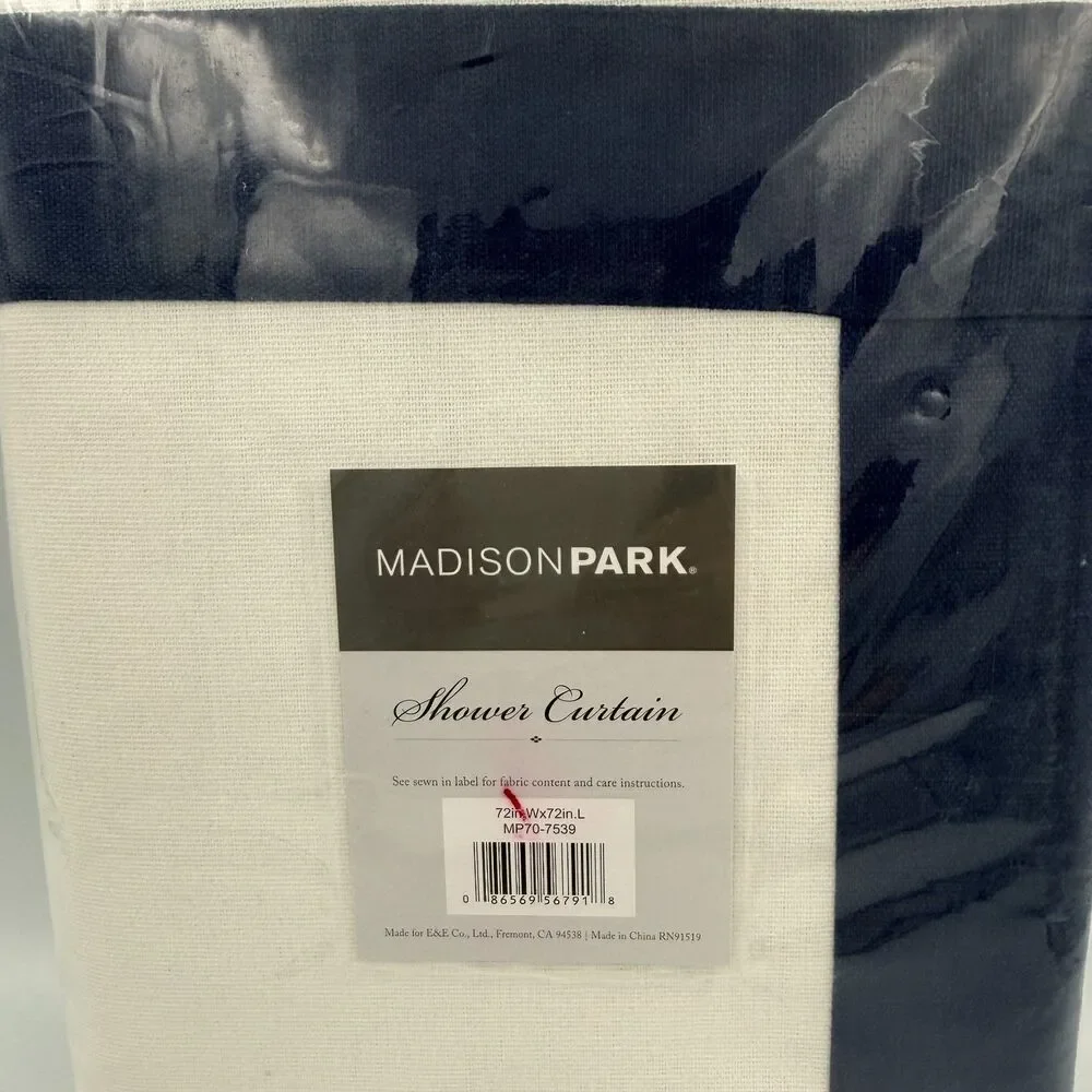 Madison Park Shower Curtain 72 x 72 100% Cotton White Navy Border Luxury Hotel
